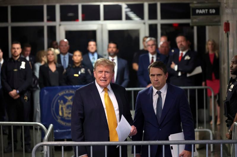 Former President Donald Trump speaks alongside his attorney Todd Blanche following the day's proceedings in his trial Tuesday, May 21, 2024, in Manhattan Criminal Court in New York. (Michael M. Santiago/Pool Photo via AP)