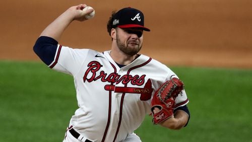 Oct. 15, 2020 - Arlington - Atlanta Braves relief pitcher Bryse Wilson delivers against the Los Angeles Dodgers during the first inning in Game 4 Thursday, Oct. 15, 2020, for the best-of-seven National League Championship Series at Globe Life Field in Arlington, Texas. (Curtis Compton / Curtis.Compton@ajc.com)



