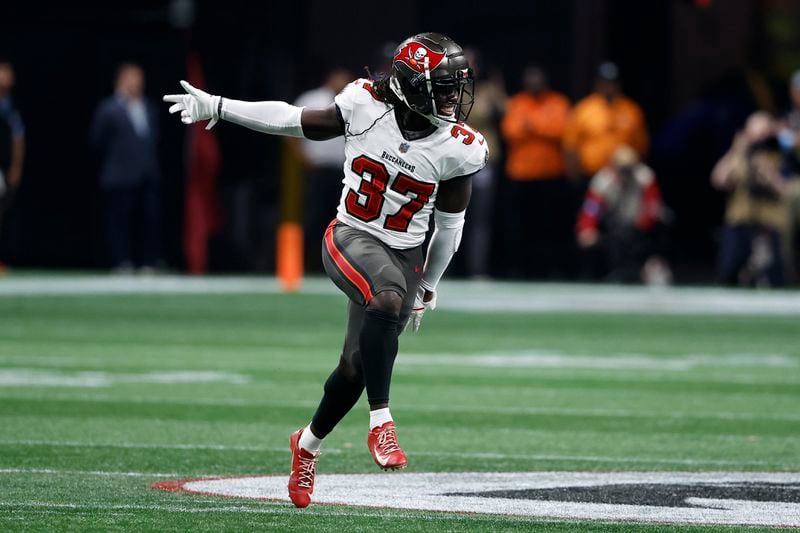 Tampa Bay Buccaneers cornerback Tavierre Thomas (37) reacts after blocking a field goal by Atlanta Falcons place kicker Younghoe Koo during the second half of an NFL football game Thursday, Oct. 3, 2024, in Atlanta. (AP Photo/Butch Dill)