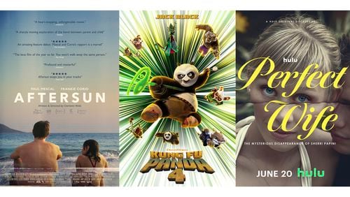 This combination of photos shows promotional art for the film "Aftersun," left, the animated film "Kung Fu Panda 4, center, and the series "Perfect Wife." (A24/Universal/Hulu via AP)