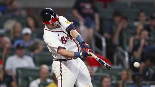 Atlanta Braves third baseman Austin Riley hits a double during the seventh inning against the Detroit Tigers at Truist Park, Monday, June 17, 2024, in Atlanta. The Braves won 2-1. (Jason Getz / AJC)
