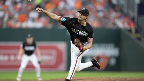 Baltimore Orioles starting pitcher Dean Kremer delivers during the first inning of a baseball game against the Tampa Bay Rays, Friday, Sept. 6, 2024, in Baltimore. (AP Photo/Stephanie Scarbrough)