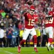 Kansas City Chiefs quarterback Patrick Mahomes throws during the second half of an NFL football game against the New Orleans Saints Monday, Oct. 7, 2024, in Kansas City, Mo. (AP Photo/Ed Zurga)