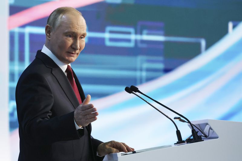 Russian President Vladimir Putin speaks at the Russian Energy Week International Forum in Moscow, Russia, Thursday, Sept. 26, 2024. (Alexander Kazakov, Sputnik, Kremlin Pool Photo via AP)