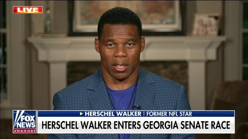 Since entering Georgia's U.S. Senate race, Republican Herschel Walker has mostly limited his appearances in the media to the friendly confines of Fox News and other conservative outlets. A screen shot of a Herschel Walker appearance on Fox News.