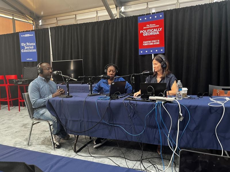 U.S. Sen. Raphael Warnock, joined Tia Mitchell, center, and Patricia Murphy for Friday's episode of "Politically Georgia" from Chicago following the Democratic National Convention.