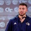 Georgia Tech guard Lance Terry answers a question at the 2023 ACC Kickoff in Charlotte, N.C., Wednesday, Oct. 25, 2023. (Photo by Nell Redmond/ACC)