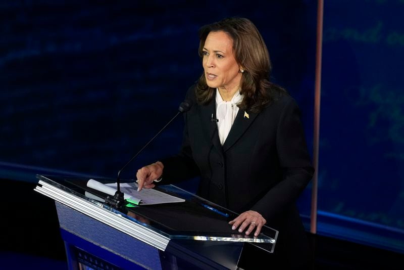 Democratic presidential nominee Vice President Kamala Harris speaks during a presidential debate with Republican presidential nominee former President Donald Trump at the National Constitution Center, Tuesday, Sept.10, 2024, in Philadelphia. (AP Photo/Alex Brandon)