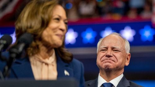 Vice President Kamala Harris, the Democratic presidential nominee, and Minnesota Gov. Tim Walz, her running mate, at a rally at Temple University. (Tom Gralish/The Philadelphia Inquirer/TNS)