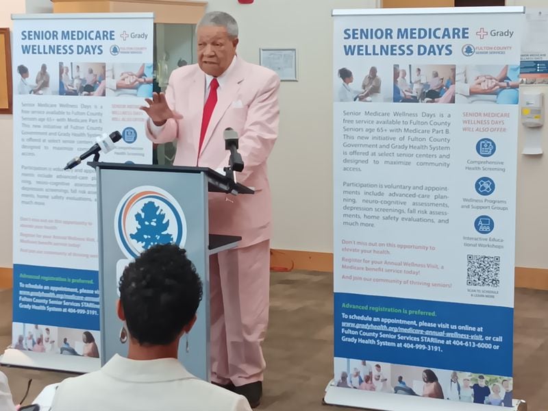 Fulton County Commission Chair Robb Pitts speaks Aug. 29, 2024, at the H.J.C. Bowden Senior Multipurpose Facility in East Point, announcing free wellness checks for Medicare recipients at county senior centers.