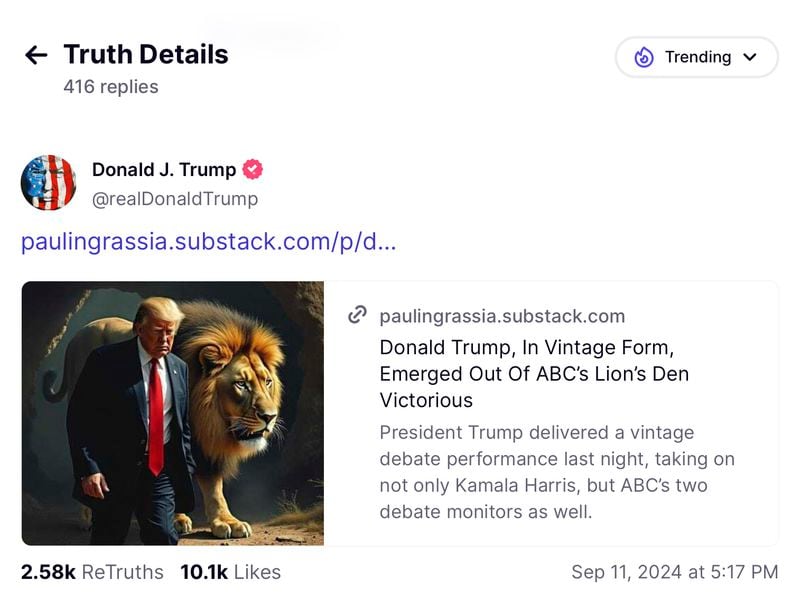 This image from the Truth Social account of former President Donald Trump shows an artificially generated image created by Paul Ingrassia, a New York-based political commentator and lawyer, which was posted on Trump's account on Sept. 11, 2024. (AP Photo)