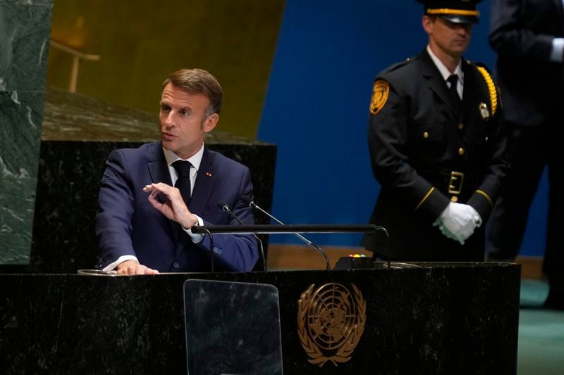 France's President Emmanuel Macron addresses the 79th session of the United Nations General Assembly at United Nations headquarters, Wednesday, Sept. 25, 2024. (AP Photo/Seth Wenig)