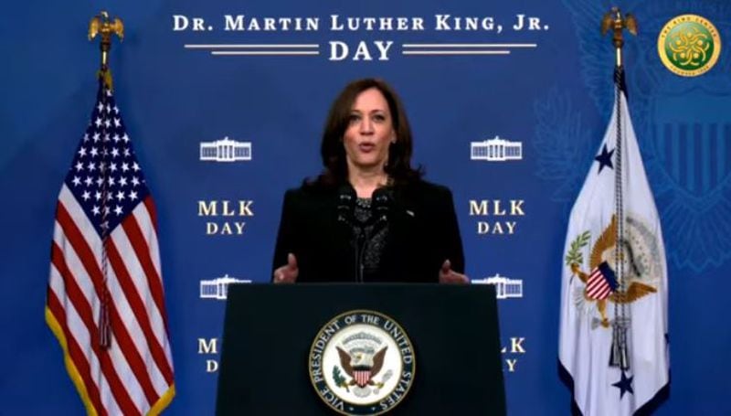 Vice President Kamala Harris makes a virtual appearance at the Martin Luther King Jr. Beloved Community Commemorative Service at the church on Monday, Jan. 17, 2022. The event was invitation-only and virtual amid the ongoing pandemic. (Photo: King Center livestream)