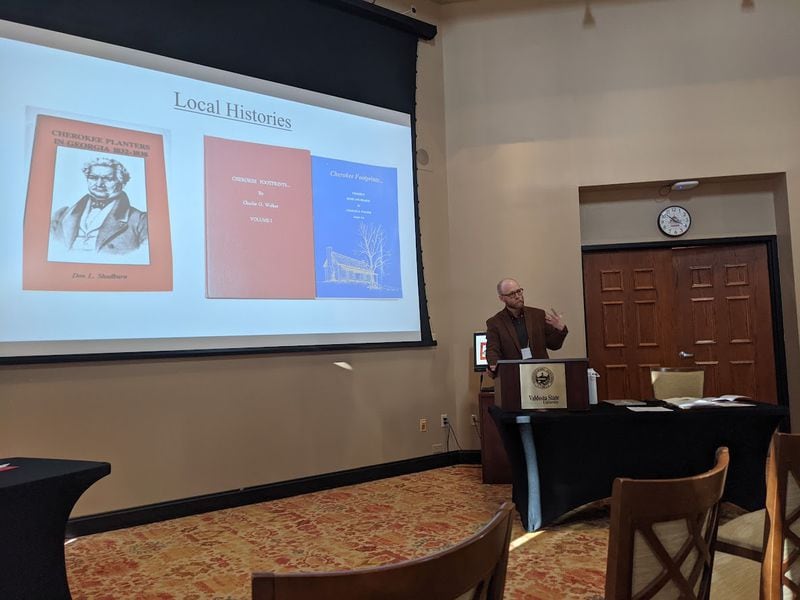 Andrew Jones, a Reinhardt University history professor, presented findings from the Cherokee Voices Project this year at Valdosta State University. He and other researches at Reinhardt have transcribed handwritten property claims by Cherokees and have made them available to the public online. Courtesy of W. Jeff Bishop/Reinhardt University