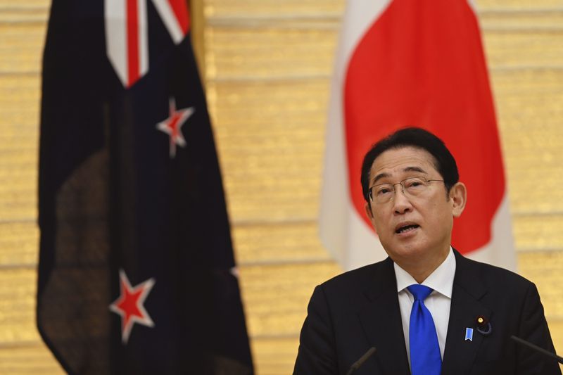 Japan Prime Minister Fumio Kishida speaks during a joint press conference with New Zealand Prime Minister Christopher Luxon following their bilateral meeting at Kishida's office in Tokyo Wednesday, June 19, 2024. (David Mareuil/Pool Photo via AP)