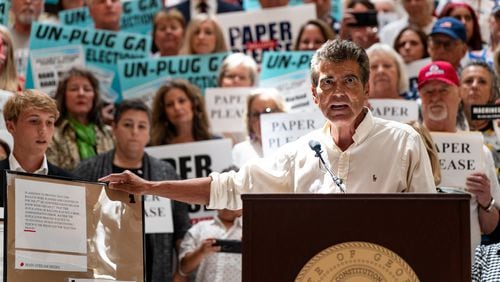 Houston County resident Joe Rossi speaks about ballot counting problems in the 2020 election at a news conference at the Georgia State Capitol in Atlanta on Tuesday, August 6, 2024.