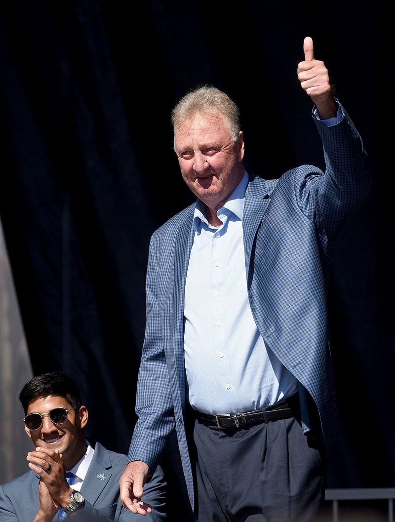 Indiana State University and Boston Celtics great Larry Bird gives a thumbs up to the crowd as he walks out onto the stage during the grand opening ceremony for the Larry Bird Museum, Thursday, May 30, 2024, in Terre Haute, Ind. (Joseph C. Garza/The Tribune-Star via AP)
