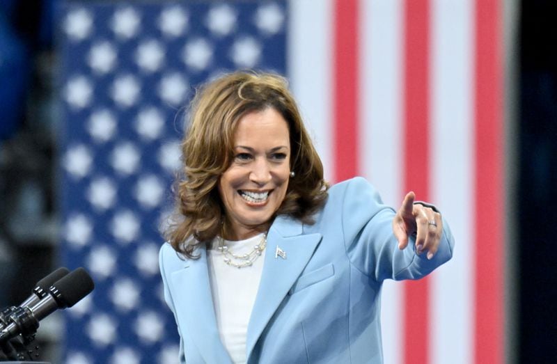 Vice President Kamala Harris speaks Tuesday at a rally at Georgia State University’s Convocation Center in Atlanta. The event doubled as a celebration of Black culture, with an energetic performance from rap star Megan Thee Stallion and deeply personal remarks from Quavo of the Migos. (Hyosub Shin / Hyosub.Shin / ajc.com)