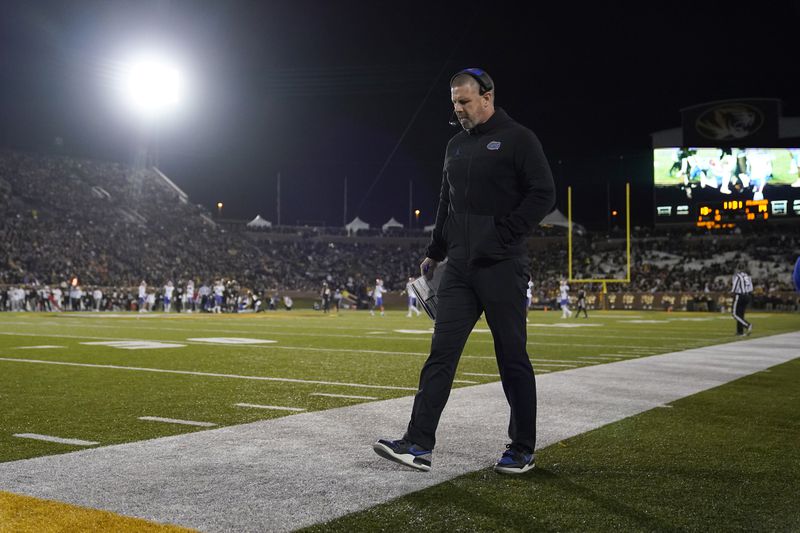 FILE - Florida head coach Billy Napier roams the sidelines during the second half of an NCAA college football game against Missouri Saturday, Nov. 18, 2023, in Columbia, Mo. (AP Photo/Jeff Roberson, File)