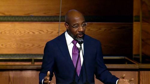 U.S. Sen. Raphael Warnock, who is the pastor of Ebenezer Baptist Church, speaks at the Martin Luther King Jr. Beloved Community Commemorative Service at the church on Monday, Jan. 17, 2022. The event was invitation-only and virtual amid the ongoing pandemic. (Photo: King Center livestream)