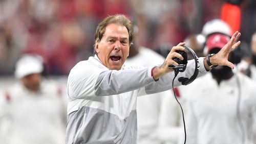 Nick Saban on the sideline during the 2022 College Football Playoff championship game against Georgia. (Hyosub Shin / AJC )