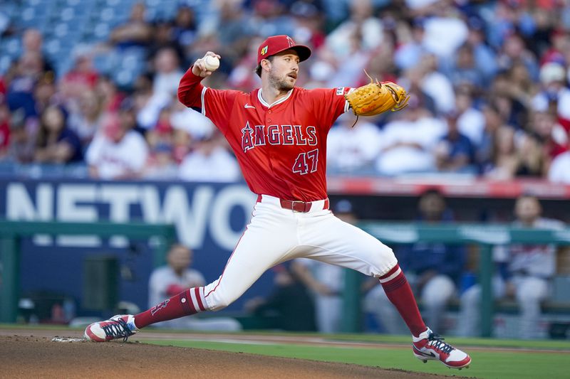 Los Angeles Angels starting pitcher Griffin Canning throws during the first inning of a baseball game against the Atlanta Braves, Saturday, Aug. 17, 2024, in Anaheim, Calif. (AP Photo/Ryan Sun)