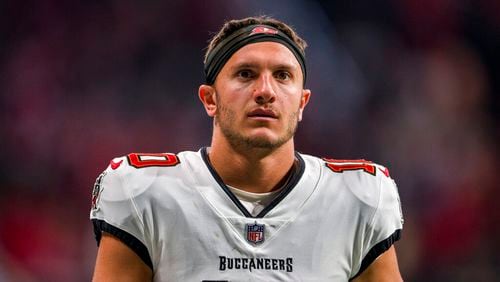 Tampa Bay Buccaneers wide receiver Scotty Miller (10) warms up before an NFL football game against the Atlanta Falcons, Sunday, Jan. 8, 2023, in Atlanta. The Atlanta Falcons won 30-17. (AP Photo/Danny Karnik)