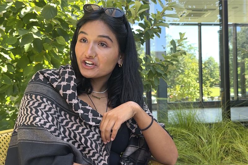 In this image taken from video, Brown University Student Body President Niyanta Nepal speaks to a reporter from The Associated Press, Tuesday, Sept. 3, 2024, in Providence, R.I. (AP Photos/Michael Casey)