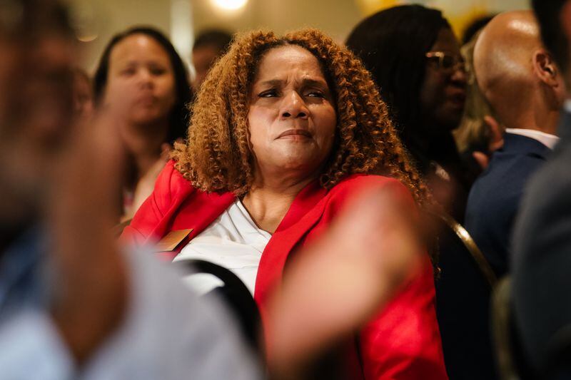 Shelia Edwards, Democratic candidate for chair of the Cobb County Board of Commissioners, is seen during Cobb County's State of the County address at the Cobb Galleria Center Thursday, May 16, 2024, in Atlanta.  (Elijah Nouvelage for The Atlanta Journal-Constitution)