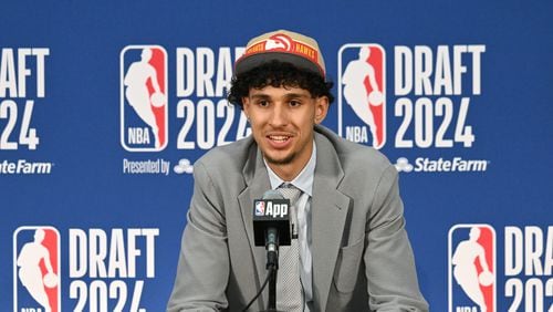Zaccharie Risacher speaks to members of the press after being selected first by the Atlanta Hawks in the first round of the 2024 NBA Draft at Barclays Arena on Wednesday, June 26, 2024 in Brooklyn, NY. (Hyosub Shin / AJC)
