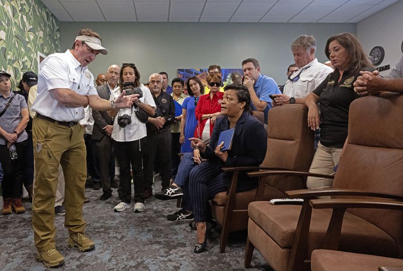 Louisiana Governor Jeff Landry, left, speaks with Mayor of New Orleans LaToya Cantrell during a meeting at New Orleans International Airport, Friday, Sept. 13, 2024, in Kenner, La. (Hilary Scheinuk/The Advocate via AP, Pool)