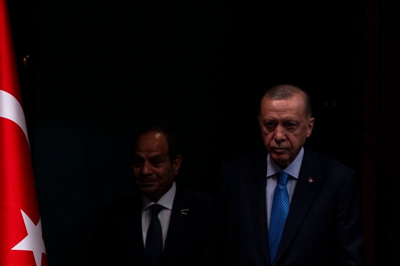 Turkish President Recep Tayyip Erdogan, right, and Egyptian President Abdel Fattah el-Sissi arrive for a bilateral signature agreements ceremony at the Presidential palace in Ankara, Wednesday, Sept. 4, 2024. (AP Photo/Francisco Seco)