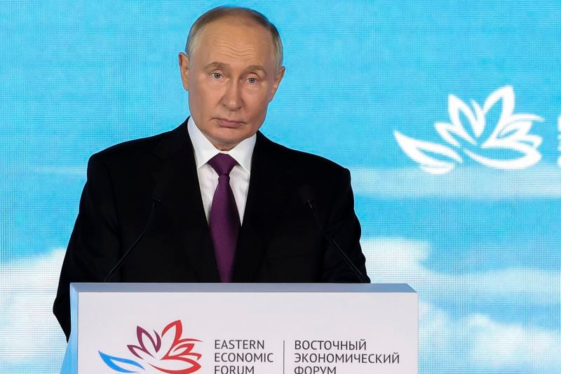 In this photo released by Roscongress Foundation, Russian President Vladimir Putin delivers his speech at the plenary session at the Eastern Economic Forum in Vladivostok, Russia, Thursday, Sept. 5, 2024. (Kirill Kazachkov/Roscongress Foundation via AP)