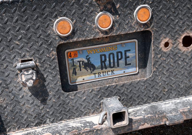 A vanity plate is seen on the back of a flatbed truck at the Niobrara County Fair in Lusk, Wyo., on July 31, 2024. (AP Photo/Thomas Peipert)