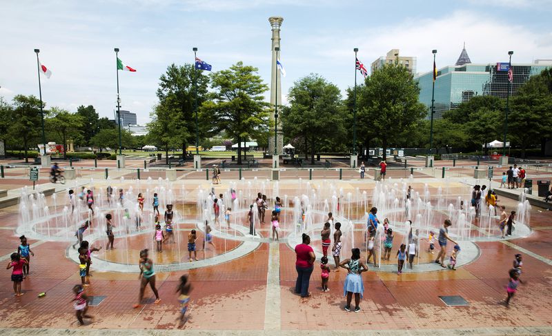 The Fountain of Rings at Centennial Olympic Park, site of concerts and other events during the 2018 College Football Playoff National Championship  in Atlanta Jan. 6-8, 2018. h  (AP Photo/David Goldman)