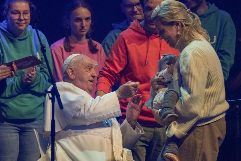 Pope Francis attends the Hope Happening youth festival at the Brussels Expo, Belgium, Saturday, Sept. 28, 2024, on the third day of his four-day visit to Luxembourg and Belgium. (AP Photo/Andrew Medichini)