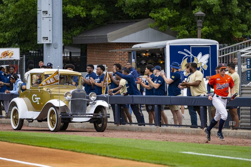 Georgia Tech baseball great Mark Teixeira rides in the rumble seat of the Ramblin' Wreck on Saturday, May 20, 2023. Tech retired Teixeira's jersey No. 23 in a ceremony before the Yellow Jackets played Virginia at Russ Chandler Stadium. (Photo by Eldon Lindsay/Georgia Tech Athletics)