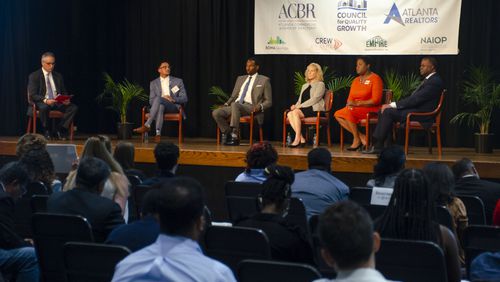 09/14/2021 — Atlanta, Georgia —Atlanta Mayoral candidates Antonio Brown (from left), Andre Dickens, Sharon Gay, Felicia Moore and Kasim Reed participate in the Atlanta mayoral forum at Clark Atlanta University, Tuesday, Sept. 14, 2021. (Courtesy of Council for Quality Growth)