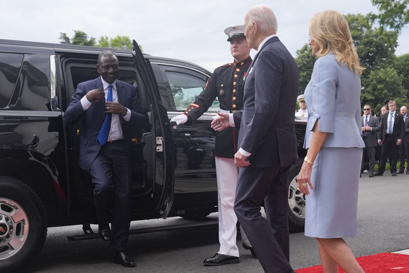 President Joe Biden and first lady Jill Biden greet Kenya's President William Ruto for a State Arrival Ceremony on the South Lawn of the White House, Thursday, May 23, 2024, in Washington. (AP Photo/Evan Vucci)