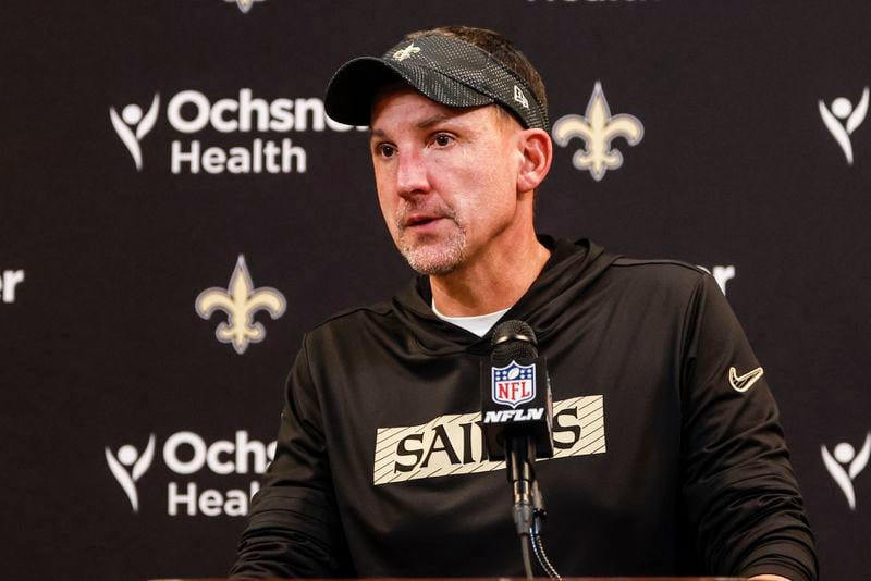 New Orleans Saints head coach Dennis Allen speaks after an NFL football game between the Atlanta Falcons and the New Orleans Saints, Sunday, Sept. 29, 2024, in Atlanta. The Atlanta Falcons won 26-24. (AP Photo/Butch Dill)