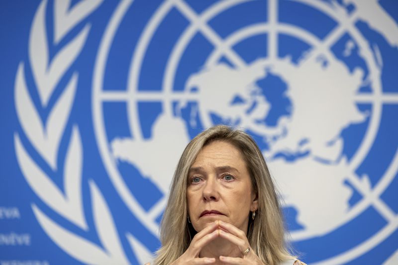 Celeste Saulo, secretary-general of World Meteorological Organization (WMO), presents the WMO's State of Global Water Resources report during a press conference at the European headquarters of the United Nations in Geneva, Switzerland, Monday, Oct. 7, 2024. (Salvatore Di Nolfi/Keystone via AP)