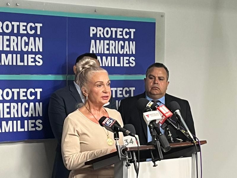 Tracy González speaks to reporters at the Latin American Association in Atlanta on Wednesday, May 15. (Lautaro Grinspan)