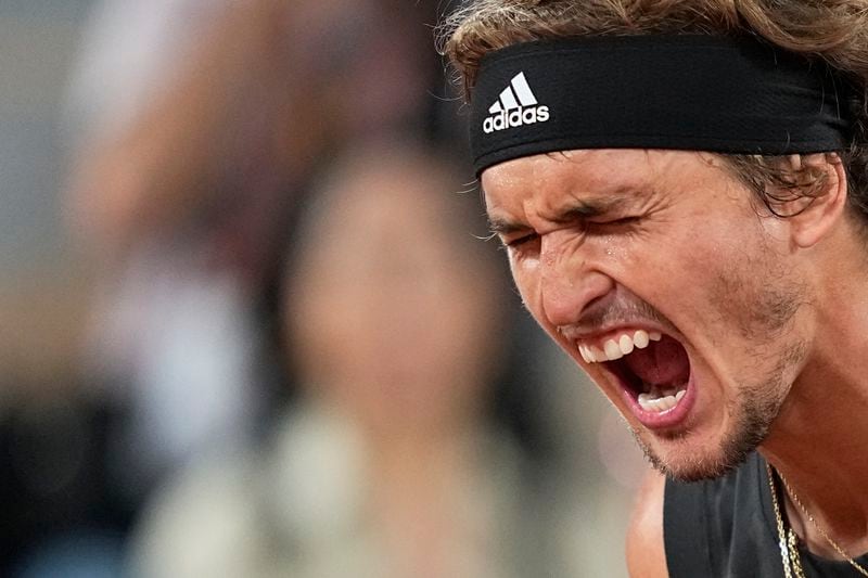 FILE - Germany's Alexander Zverev reacts as he plays Spain's Rafael Nadal during their semifinal match of the French Open tennis tournament at the Roland Garros stadium Friday, June 3, 2022 in Paris. Rafael Nadal is in the French Open field, after all, and the 14-time champion was set up for a challenging first-round matchup in Thursday’s, May 23, 2024, draw against Alexander Zverev.(AP Photo/Michel Euler, File)