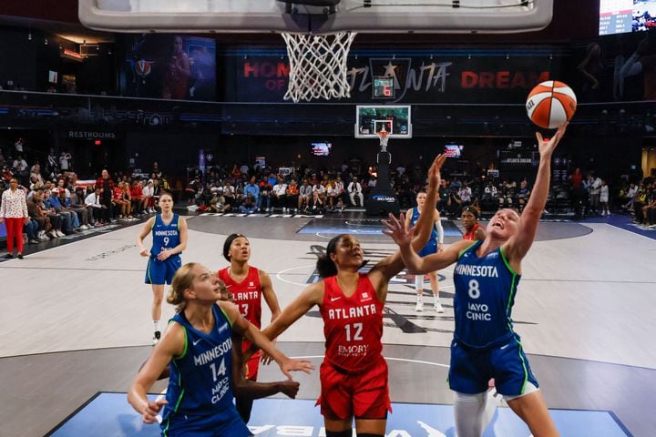 Minnesota Lynx forward Alanna Smith (8) goes up for a basket in the first half at Gateway Center Arena, Sunday, May 26, 2024, in Atlanta. (Miguel Martinez / AJC)