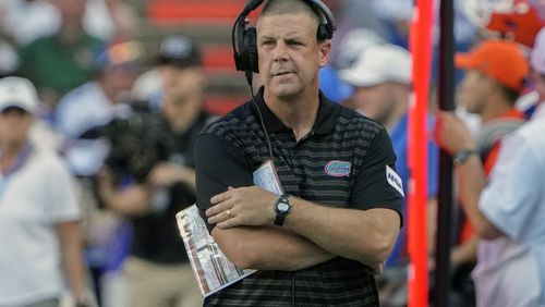 Florida head coach Billy Napier paces the sideline during the second half of an NCAA college football game against Miami, Saturday, Aug. 31, 2024, in Gainesville, Fla. (AP Photo/John Raoux)