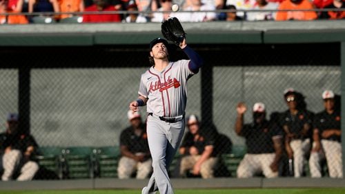 Atlanta Braves right fielder Brian Anderson makes a catch on a fly ball by Baltimore Orioles' Austin Hays during the second inning of a baseball game Wednesday, June 12, 2024, in Baltimore. (AP Photo/Nick Wass)