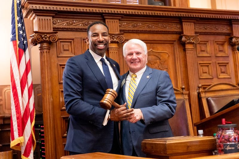 Atlanta Mayor Andre Dickens stands for a photo with Georgia House Speaker Jon Burns during a visit to the statehouse on March 7.