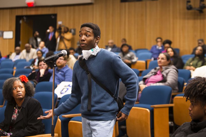 Shiloh High School student Andreas Forbes speaks during a community town hall and panel event on Monday, Nov. 14, 2022, hosted by Gwinnett County students, civic groups and elected officials. It bothers Forbes that an incident can become the school's reputation. (Christina Matacotta for The Atlanta Journal-Constitution)