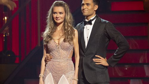 This image released by Disney shows Anna Delvey, left, and her dancing partner Ezra Sosa on the celebrity dance competition series "Dancing with the Stars," in Los Angeles on Tuesday, Sept. 24, 2024. (Eric McCandless/Disney via AP)