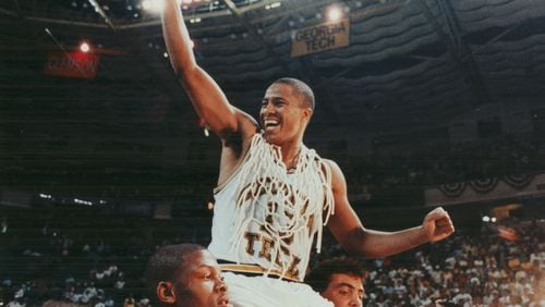 Georgia Tech's Brian Oliver celebrates after Tech's victory over Virginia in the ACC Tournament in 1990. (Frank Niemeir/AJC staff)
